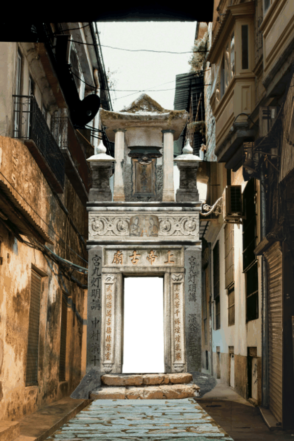 Animated photo manipulation stages showing the buildings and History Monks on the back cover.